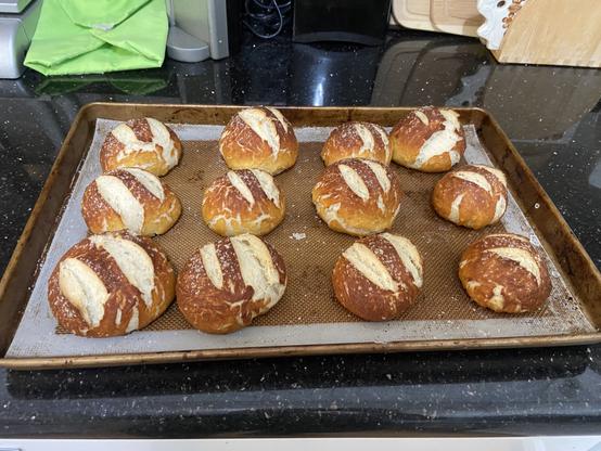 12 pretzel rolls after baking