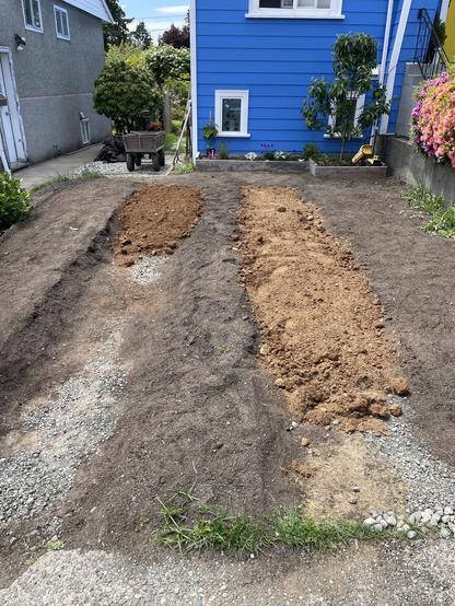 The two tracks are nearly full of golden brown coloured clay. This will bring the level up to just below the level of the grass then I will put down the cloth fabric before putting the drain rock down again.