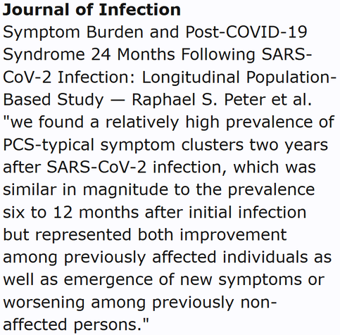 Journal of Infection
Symptom Burden and Post-COVID-19 Syndrome 24 Months Following SARS-CoV-2 Infection: Longitudinal Population-Based Study — Raphael S. Peter et al.
"we found a relatively high prevalence of PCS-typical symptom clusters two years after SARS-CoV-2 infection, which was similar in magnitude to the prevalence six to 12 months after initial infection but represented both improvement among previously affected individuals as well as emergence of new symptoms or worsening among previously non-affected persons."