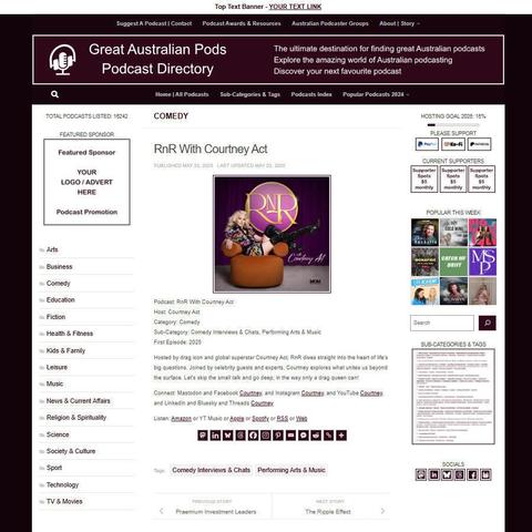 RnR With Courtney Act
Screenshot of the podcast listing on the Great Australian Pods website