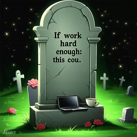 Life-Life-Balance gemäß CDU.

Bildbeschreibung: Ein Grabstein in einem herrlichen Garten mit einem Laptop und einer Tasse davor. Ein paar Rosen sind herum.

Die Inschrift (Zitat): „If you work hard enough, this cou."
