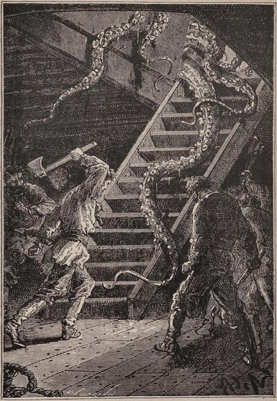Caption says: "One of these long arms glided through the opening." Black and white drawing shows the tentacles of the giant squid coming below deck. A sailor has an axe raised to attack tentacles. Other sailors watch.