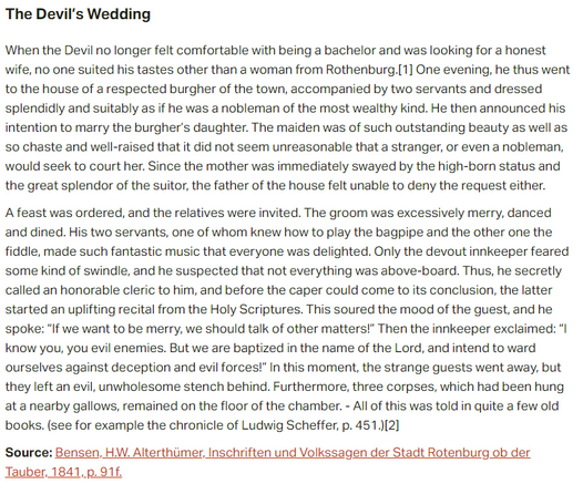 German folk tale "The Devil’s Wedding". Drop me a line if you want a machine-readable transcript!