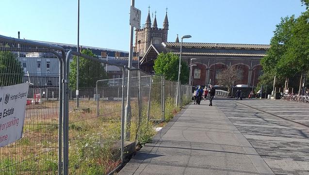 A photo of a security fence. On the right of the fence is a normal pavement, devoid of life except people walking on it and maybe the odd gull or pigeon. On the left, inside the fence, weeds grow from every conceivable gap in the paving. Ox-eye daisies are visible in the foreground. You may also be able to make out Oxford Ragwort and a tall mustard-like plant which is the Hoary Mustard.