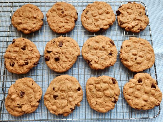 Peanut butter chip cookies cooling on a wire rack that is resting on a white kitchen towel.