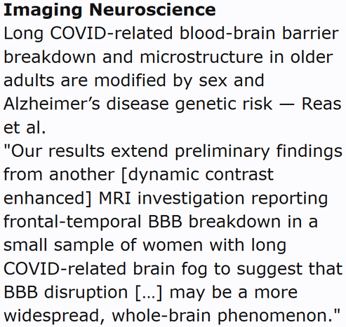 Imaging Neuroscience
Long COVID-related blood-brain barrier breakdown and microstructure in older adults are modified by sex and Alzheimer’s disease genetic risk — Reas et al.
"Our results extend preliminary findings from another [dynamic contrast enhanced] MRI investigation reporting frontal-temporal BBB breakdown in a small sample of women with long COVID-related brain fog to suggest that BBB disruption […] may be a more widespread, whole-brain phenomenon."