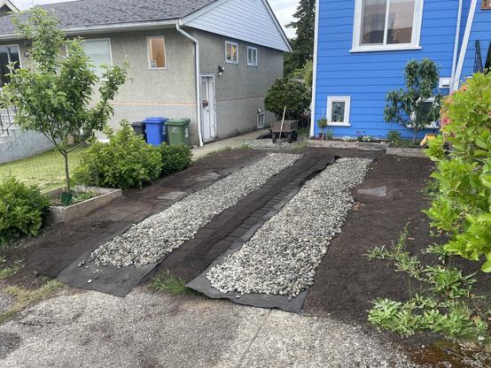 Of view from the end of the driveway shows the two strips, nice and flat going up to the edge of the blue house