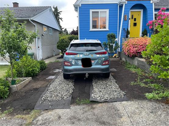 Are you from behind the strips with the car parked on the gravel. The car is slightly crooked to the left.