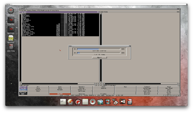 A screenshot of my workbench screen from ApolloOS on my Vampire V4 Amiga. It shows Directory Opus copying files from the Programs partition onto an SD card.