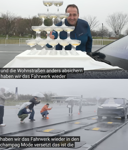 Screenshots aus dem verlinkten Influenza-Video, das die neuste Luxuskarosse der chinesischen Auto-Marke NIO vorstellt und mit entsprechenden Mercedes und BMW-Produkten vergleicht. Die Screenshots zeigen einen Prototyp-Werbe-Event, bei dem der Federungskomfort des NIO-Modells, d.h. seine Fähigkeit, die äußere Wirklichkeit der Straßenverhältnisse möglichst perfekt von den Fahrzeuginsassen abzuschirmen, demonstriert wird. Im oberen Screenshot ist ein Champagner-Turm auf der Motorhaube des Luxusautos mit 54 gestapelten und gefüllten Gläsern zu sehen. Der Influenza steht mit einem Grinsen dahinter. Im unteren Screenshot sieht man, wie der NIO-Prototyp mit dem Champagnerturm auf einer Teststrecke mit Drempeln also künstlichen Fahrbahnunebenheiten, die zur Verkehrsberuhigung verwendet werden, fährt, ohne dass ein Champagnerglas herunterfällt.