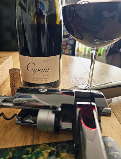 2005 Eaglepoint Ranch Syrah from Copain, Mendocino, behind the Le Creuset that opened it. ;)