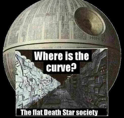 Picture of the death star and from within the trench, that does not appear to show a curve. "Where is the curve? The flat Death Star society."