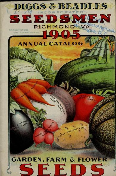 The image is a vintage seed catalog cover from 1905, titled "Diggs & Beadles Seedsmen, Richmond, VA." The cover prominently features a colorful illustration of various vegetables, including Early Spring Cabbage, Chantenay Carrot, Improved Globe Turnip, Fordhook First Tomato, Black Beauty Eggplant, Scarlet O'Henry Radish, Early Sunlight Potato, Neckley Sweets Watermelon, and Mark's Ontaloue Melon. The text "Garden, Farm & Flower Seeds" is displayed at the bottom, and the year "1905" is highlighted in red. The catalog is from a branch store located at 605 E. Marshall St. The background has a warm, sunset-like gradient, enhancing the visual appeal of the vegetables.

Provided by @altbot, generated privately and locally using Ovis2-8B