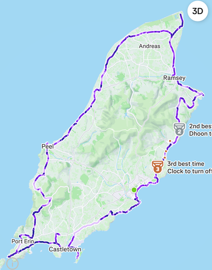 Map of the Isle of Man with a bike route around the island shown in purple.