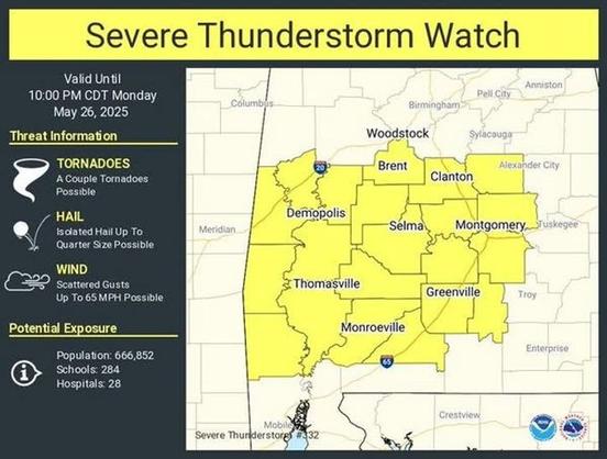 A Severe Thunderstorm Watch has been issued for parts of Alabama until 10 PM CDT.