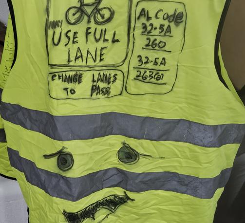 A bright yellow vest with 2 silver reflective stripes. In black magic marker are the following: at the bottom are worried eyes and an open mouth, tongue barely visible. On top are 3 panels. The 1st panel has a drawing of a bicycle. Under it says "May use full lane". The 2nd panel say "Change lanes to pass". The 3rd panel says "AL Code 32-5a 260 32-5a 263(a).