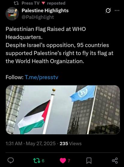 Pic of Palestinian Flag Raised at WHO Headquarters, along with WHO flag.