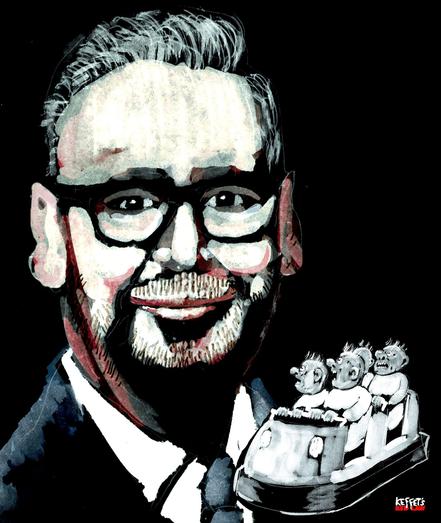 Portrait des AfD-Politikers Sebastien Münzenmaier . Davor ein Geisterbahnwagen mit vier, sehr erschrockenen Fahrgästen.
