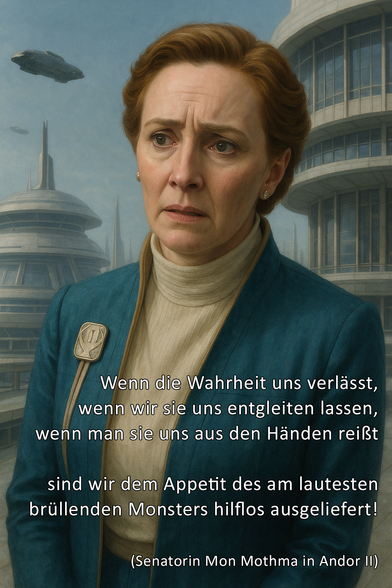 Fotorealistisches Porträt von Senatorin Mon Mothma aus Andor II vor einem futuristischen Regierungsgebäude mit fliegenden Autos am Himmel. Sie trägt ein petrolblaues Gewand mit Brosche und blickt besorgt.
Im unteren Bildbereich steht in serifenloser Schrift:

„Wenn die Wahrheit uns verlässt,
wenn wir sie uns entgleiten lassen,
wenn man sie uns aus den Händen reißt
sind wir dem Appetit des am lautesten
brüllenden Monsters hilflos ausgeliefert!

(Senatorin Mon Mothma in Andor II)“
Portrait: AI generated

----

Photorealistic portrait of Senator Mon Mothma from Andor II, standing in front of a futuristic government building with flying cars in the sky. She wears a teal-blue outfit with a brooch and looks concerned.
The lower part of the image displays the following quote in sans-serif font:

“When truth abandons us,
when we let it slip away,
when it is torn from our hands,
we are helpless before the appetite
of the loudest roaring monster!

(Senator  Mon Mothma in Andor II)
Portrait: AI generated