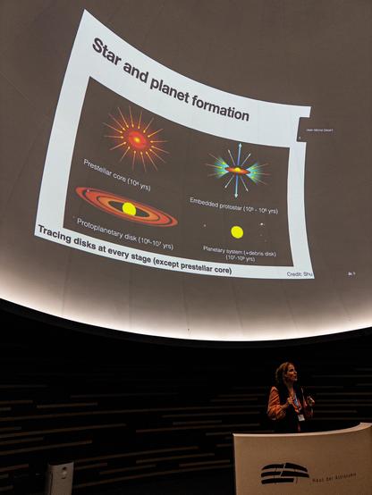 A woman standing in a planetarium talking to an audience with a picture projected behind her showing the four canonical stages of star and planet formation in graphical form.