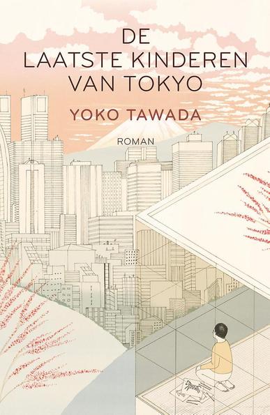 Book cover of 'de laatste kinderen van tokyo'. It's an illustration in soft orange-white-blue colors. In the foreground a young boy is sitting in a glass building, with drawings of zebras and pencils next to him. He's looking out through the glass towards the background, a cityscape, presumably what's left of western Tokyo. Behind it the top part of Mount Fuji is visible.
