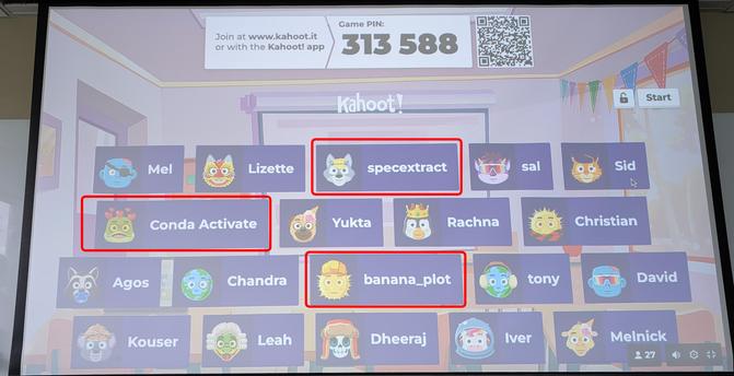 The wait screen for the kahoot quiz we ran on Thursday. There are a number of people listed, along with their selected icons (for instance, Mel has selected a blue person showing off a little bit of their brain along with a stylish eye patch). Of particular note are the people called "specextract", "banana_plot", and "Conda Activate".