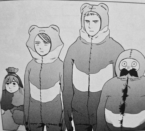 Black and white photo of a single panel from Delicious in Dungeon, Volume 3. The image shows four adventurers of various sizes all wearing sealed up suits made of the hide of a poisonous giant frog. The two in the middle have little bumps on the top that almost look like frog eyes. They are sort of patched together. The mustachioed character on the right has some of their beard poking through the seams.