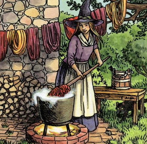 Ink and watercolor illustration of a witch dyeing wool outside - the colored wool hanging on a line behind her, black cat stalking a mouse nearby.