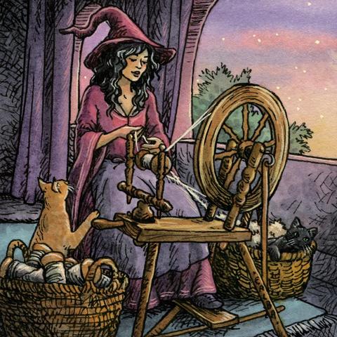 Ink and watercolor illustration of a witch spinning wool in a tower, sunset and stars outside the window. Cats are in the wool baskets.