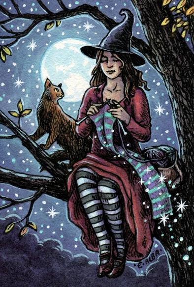 Ink and watercolor illustration of a witch knitting a sparkly scarf, sitting on a tree branch with her cat. Full moon and stars behind her.