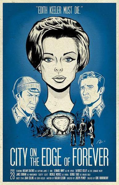 Cover illustration, created in a retro-style reminiscent of classic film posters, is primarily rendered in shades of vivid blue, black, and white, creating a striking, vintage aesthetic. Dominating the central composition is a prominently depicted portrait of a woman, Edith Keeler, whose elegant, refined features, styled hair, and thoughtful expression convey an aura of beauty, mystery, and melancholy. Above her, starkly written in white lettering, is the compelling phrase: "EDITH KEELER MUST DIE," immediately setting a dramatic, emotionally charged tone.

Flanking Edith's portrait are two distinct male faces illustrated in detailed, black-and-white line drawings. The left face shows a Spock wearing a knit cap, his expression intense and deeply troubled. The face on the right depicts Kirk sharply groomed, looking deeply conflicted.

Below the portraits, a detailed, smaller scene depicts three figures standing before a large, glowing, rock-like portal—a key symbolic element. This portal radiates light, emphasizing its narrative importance as a gateway, perhaps metaphorical or literal. These figures, drawn from behind, gaze toward the portal with a sense of awe, uncertainty, and expectation.

At the bottom, in bold, stylized white lettering against the rich blue background, appears the title "CITY ON THE EDGE OF FOREVER," along with detailed production credits, giving the cover a cinematic authenticity and suggesting narrative complexity and emotional depth.