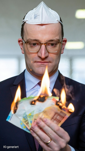 !B Spahn mit FFP2 Maske auf dem Kopf verbrennt Geld