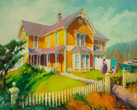 Art print of an original oil painting depicting a mother and child hanging up clothes outside on the line.