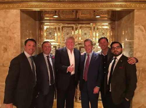 #PutinCultivatedTrump From left to right Gerry Gunster, Aaron Banks, Donald Trump, Nigel Farage, Andy Wigmore, Raheem Kassam Twitter LeaveEU