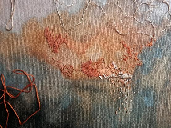 Mixed media - oil paint and embroidery abstract landscape