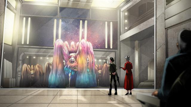 Image by Doodlenerve0116.

Commander Ellen Voight and Ambassador Kleio Alexander meet a contingent of Mav Rann on board the HDR Liberator.

The Mav Rann themselves are behind a glass partition as so to allow for a different atmospheric mix. One stands ahead of the others, consulting directly with Voight and Alexander.

The creature itself is a round central body with eight limbs radiating out at equidistant points around the circumference. Each of those limbs is jointed above the main body before forming a large, thick leg.

Inbetween each leg is a large eye, and at the base of the creature is a mouth, around which are numerous tool-wielding tendrils.

The Mav Rann is communicating non-verbally, using a colour display similar to ancient Earth octopuses. The whole body glows with various colours, blue at the base of the foot, yellow in the legs, purple at the knee.

Ambassador Kleio Alexander holds out her hands to the Mav Rann representative.