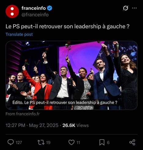 un tweet de France Info : « Le PS peut-il retrouver son leadership à gauche ? »
