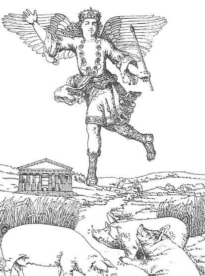 King Bladud as he flies on his wings above a herd of pigs. Illustration from the cover of "Bladud of Bath: the British King Who Tried to Fly," a 1973 book by Howard C. Levis.