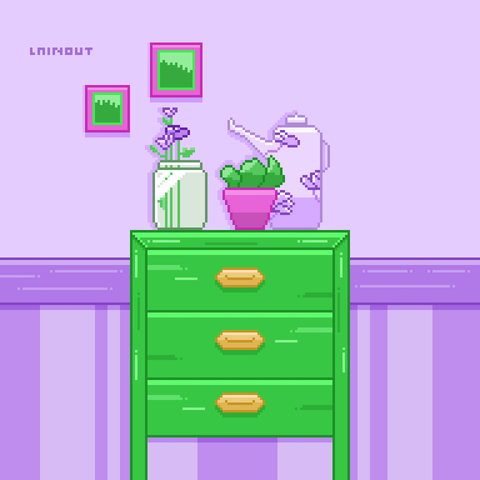 Inside of a house in pixelart, with purple wall with paintings of nature and a green old drawer, plants and teapot on it