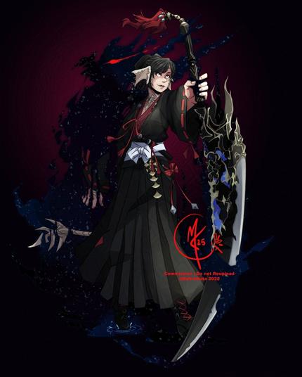 A fullbody illustration of an au ra dark knight from ffxiv, Sabre. She is shown holding her sword forward and stabbed in the ground while striding from an inky dark shadow in the shape of esteem. Her eyes stare forward and she's smiling with a fiery determination.