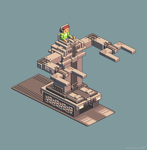 Isometric voxel art, showing a boy sitting on top of a large mech robot tank, controlling it.