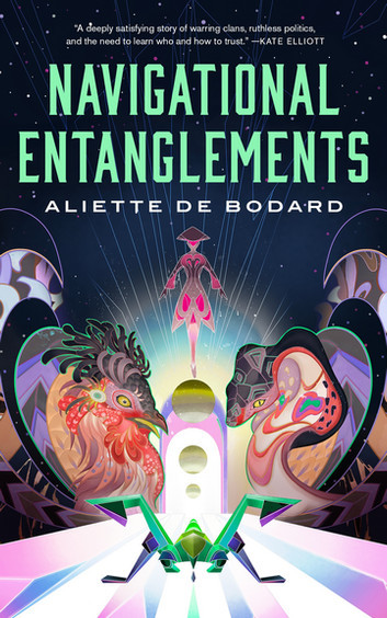 Book cover, a little hard to describe.

Title in large green font at the top, with a pink flower-like but also person-like figure in the centre, over two large multi-coloured stylised animals, a rooster and a snake (most likely representing the clans in the book) facing each other, and before them is a grasshopper like spaceship