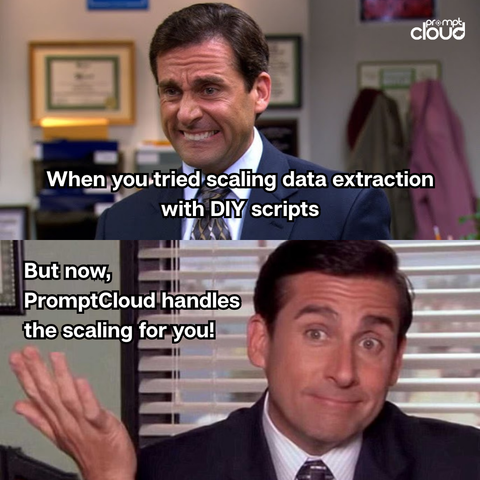 A meme showing a man confidently holding a pile of tangled wires labeled “My DIY scraping scripts,” contrasted with a chaotic, burning server room in the background labeled “The scripts when I try to scale.” The meme humorously highlights the fragility of DIY web scraping solutions under enterprise-scale demands.