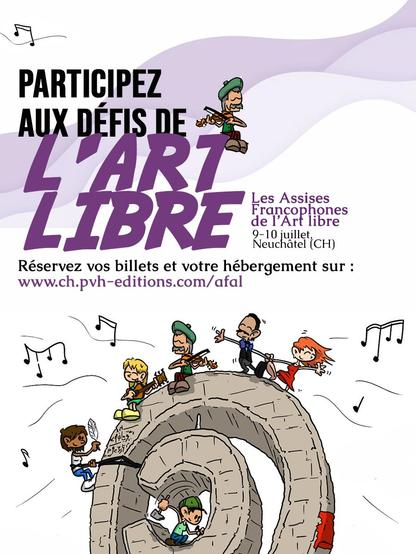 Affiche promotionnelle pour les premières Assises francophones de l'art libre, les 9 et 10 juillet 2025 à Neuchâtel.