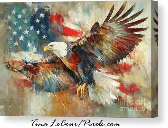 This is an impressionism style canvas of bald eagle with an american flag in the background.