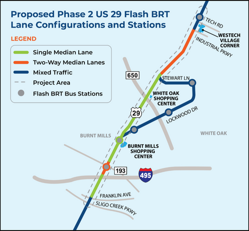 proposed phase 2 us 29 flash brt lane configurations and stations map