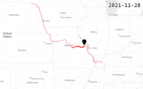 A map of Missouri and its neighboring states shows the path traveled by a lake sturgeon along the Missouri and Mississippi rivers.