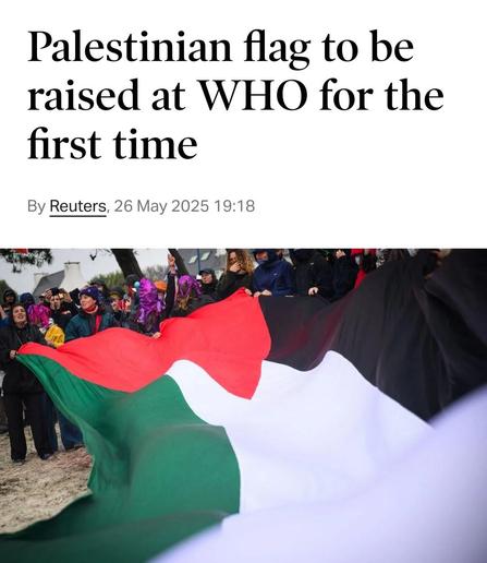 People holding a Palestinian Flag, above is the headline.