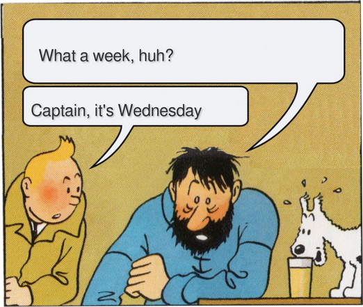 A panel from the "The Adventures of Tintin" comics featuring the titular character Tintin, a young man with blonde hair wearing a brown trench coat, and Captain Archibald Haddock, a retired merchant sailor with dark bushy hair and a full-grown beard. They are both sitting at a table having a conversation, while Tintin's dog Snowy, a white Wire Fox Terrier, looks on, startled.
  
  Captain Haddock: "What a week, huh?"
  Tintin: "Captain, it's Wednesday"