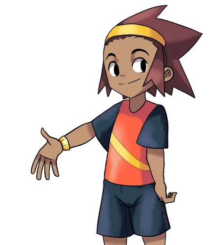 Illustration of a brown young character with dark red spiky hair, a headband, orange-black t-shirt and black shorts,smiling
